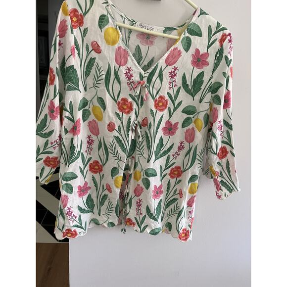 Rachel Zoe Women 2X Linen Blend Blouse Top Floral Cottage Core Coastal Grandma - Picture 1 of 5